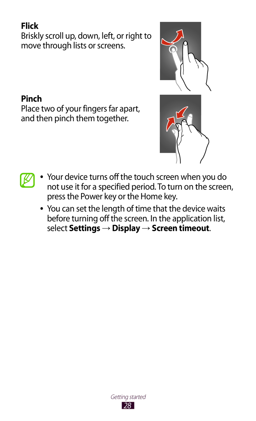 Samsung GT-B5330 user manual Flick, Pinch 