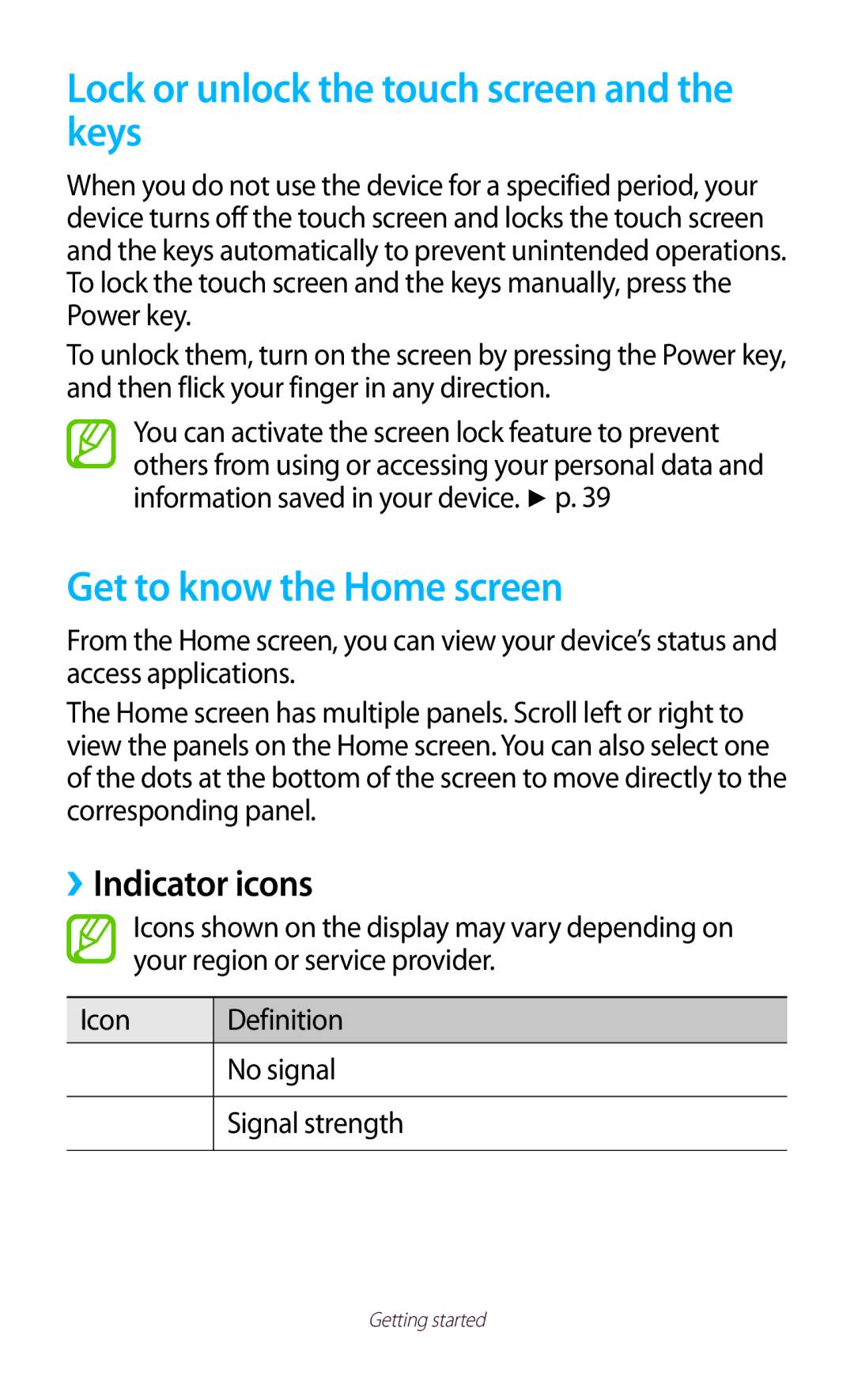 Samsung GT-B5330 user manual Lock or unlock the touch screen and the keys, Get to know the Home screen, ››Indicator icons 