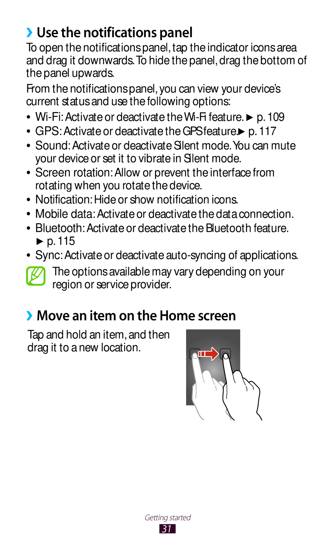 Samsung GT-B5330 user manual ››Use the notifications panel, ››Move an item on the Home screen 