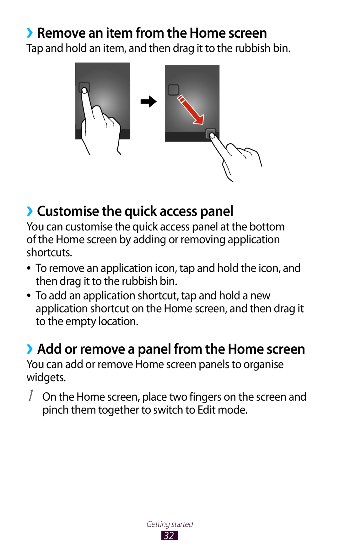 Samsung GT-B5330 user manual ››Remove an item from the Home screen, ››Customise the quick access panel 