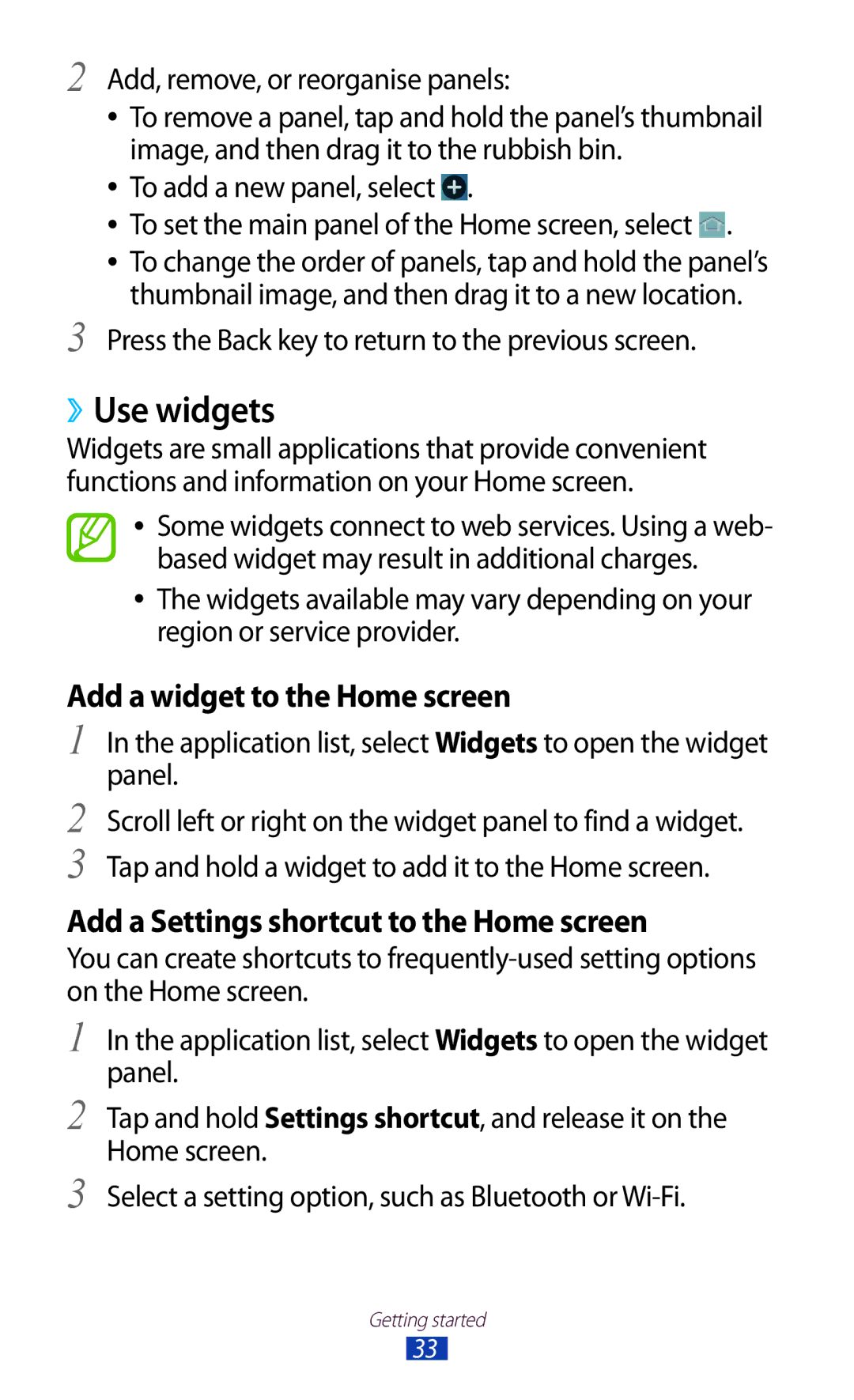 Samsung GT-B5330 ››Use widgets, Add, remove, or reorganise panels, Press the Back key to return to the previous screen 