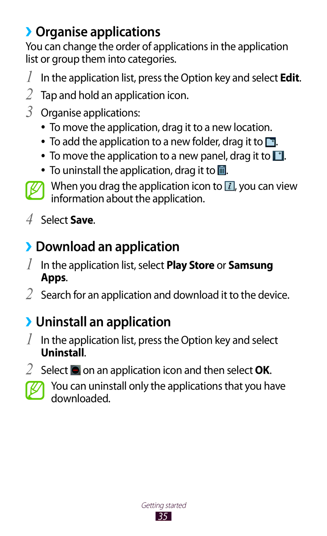 Samsung GT-B5330 user manual ››Organise applications, ››Download an application, ››Uninstall an application, Apps 