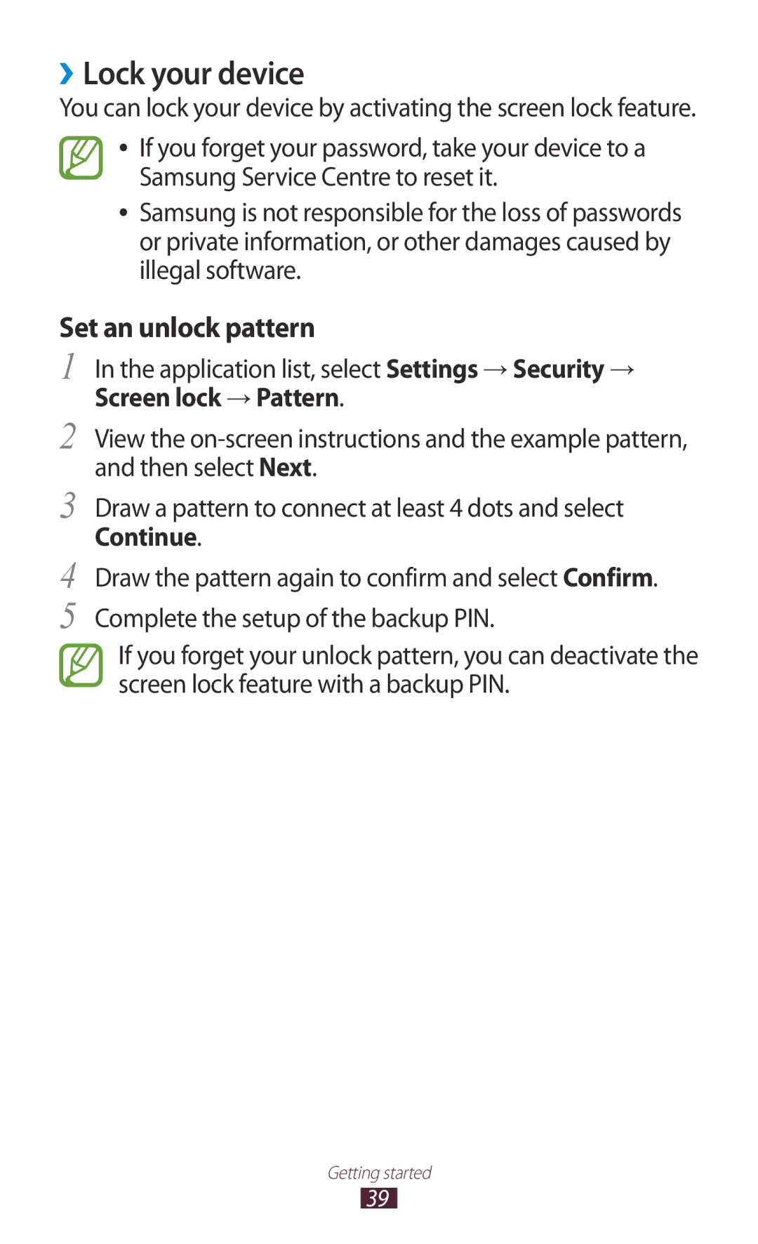 Samsung GT-B5330 user manual ››Lock your device, Application list, select Settings → Security →, Screen lock → Pattern 