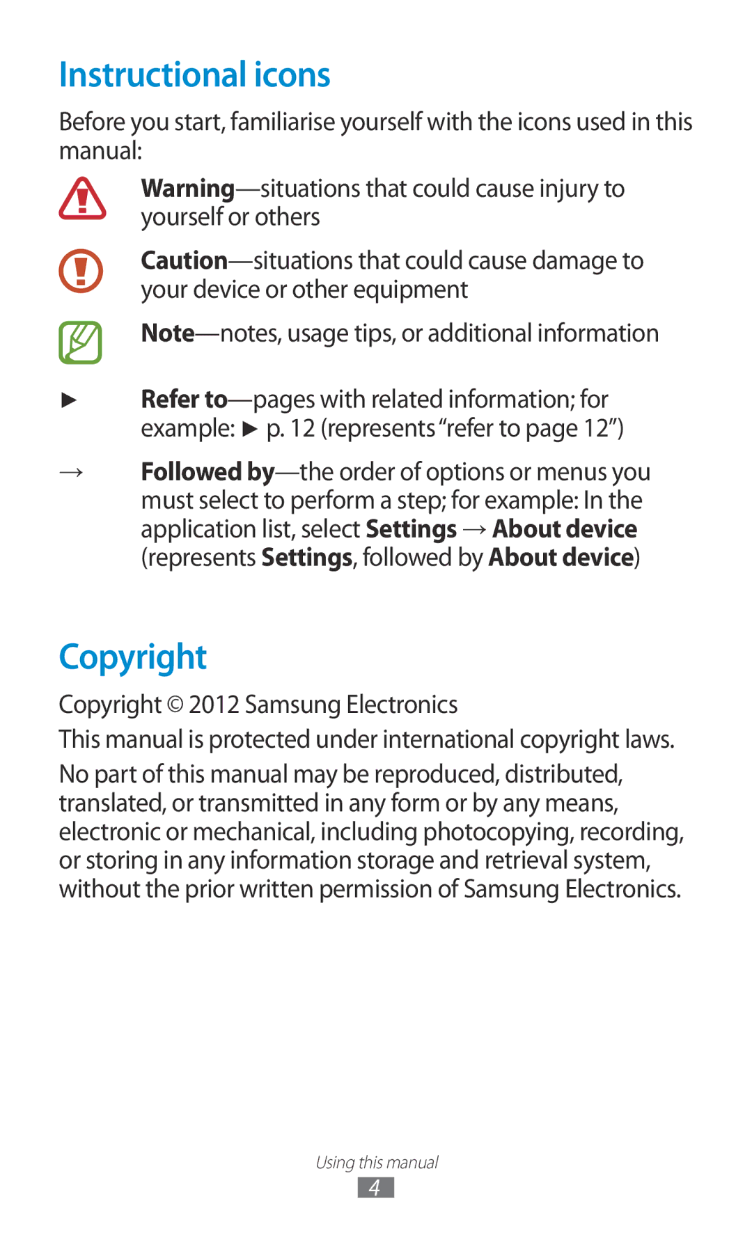 Samsung GT-B5330 user manual Instructional icons, Copyright 