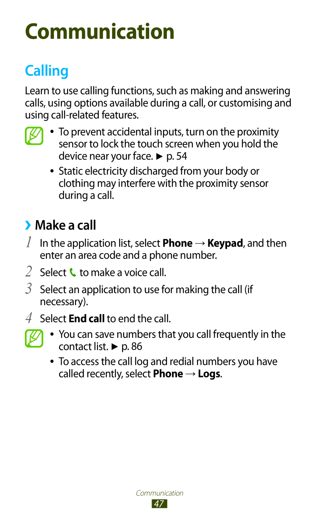 Samsung GT-B5330 user manual Calling, ››Make a call 