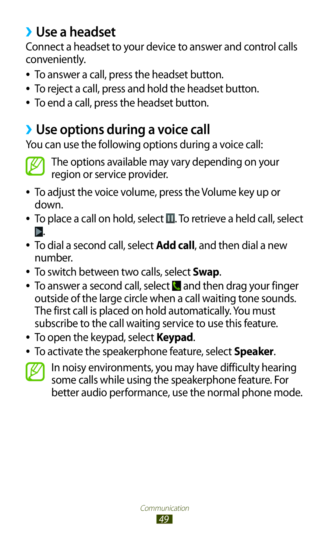 Samsung GT-B5330 user manual ››Use a headset, ››Use options during a voice call 