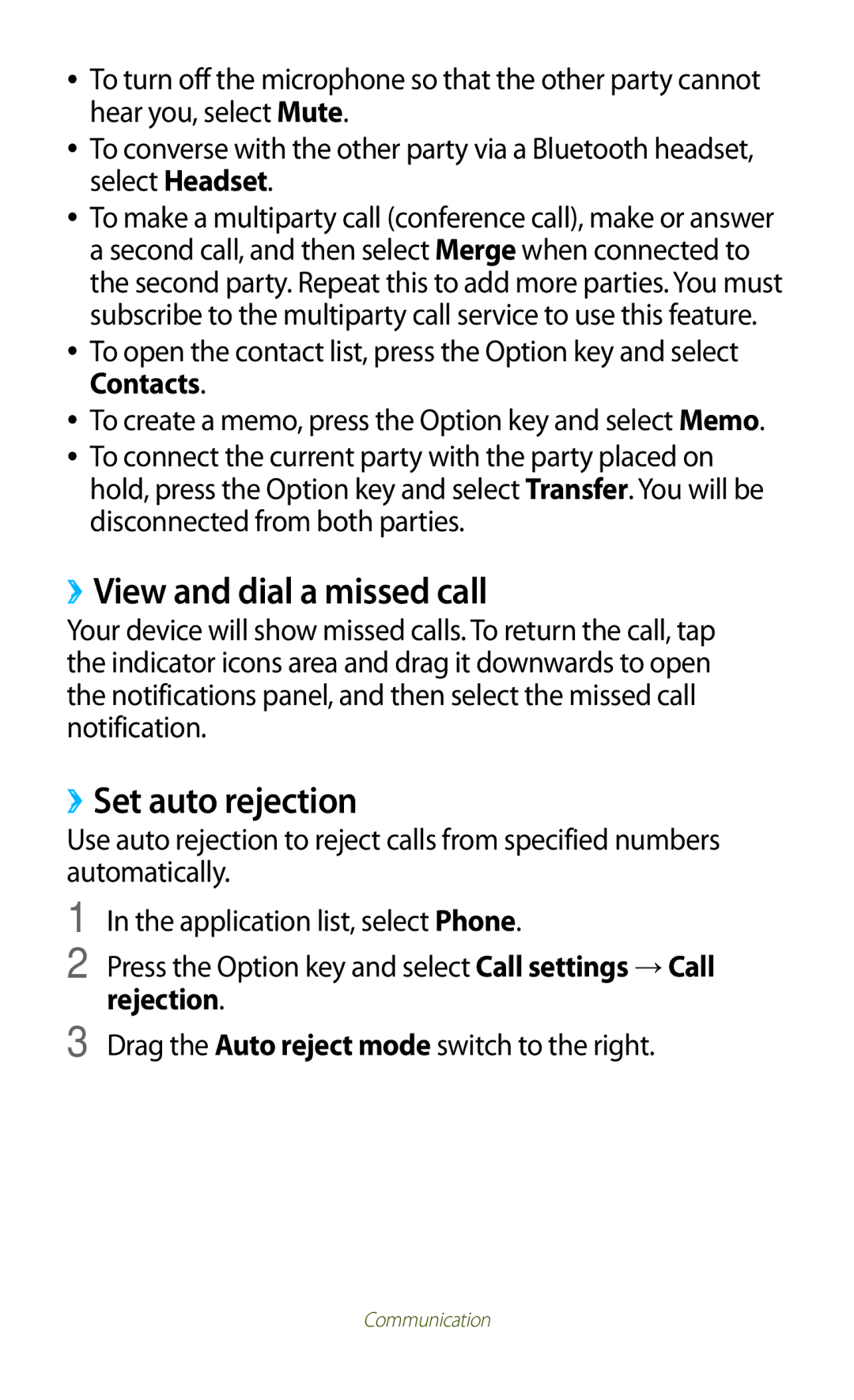 Samsung GT-B5330 user manual ››View and dial a missed call, ››Set auto rejection 