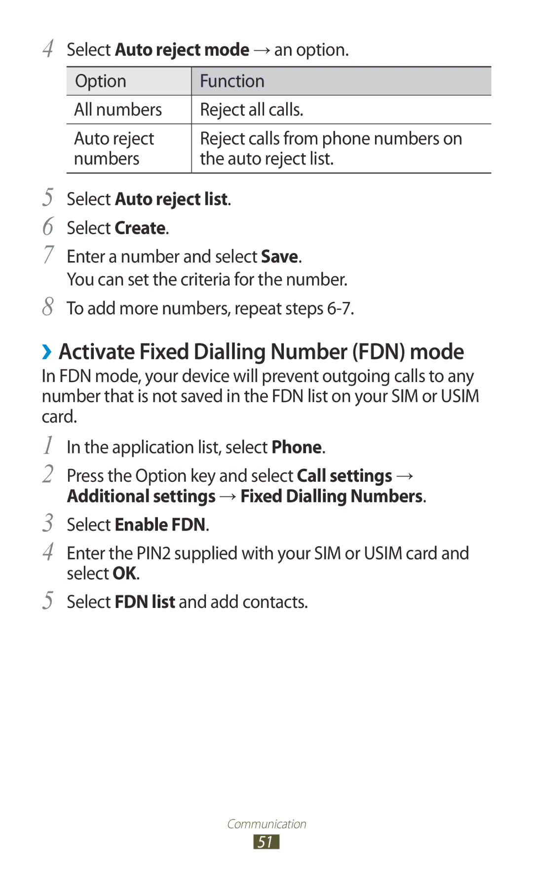 Samsung GT-B5330 user manual Select Auto reject list, Select Create Enter a number and select Save, Select Enable FDN 