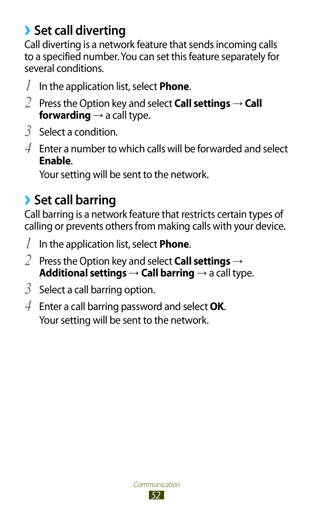 Samsung GT-B5330 user manual ››Set call diverting, ››Set call barring, Additional settings → Call barring → a call type 