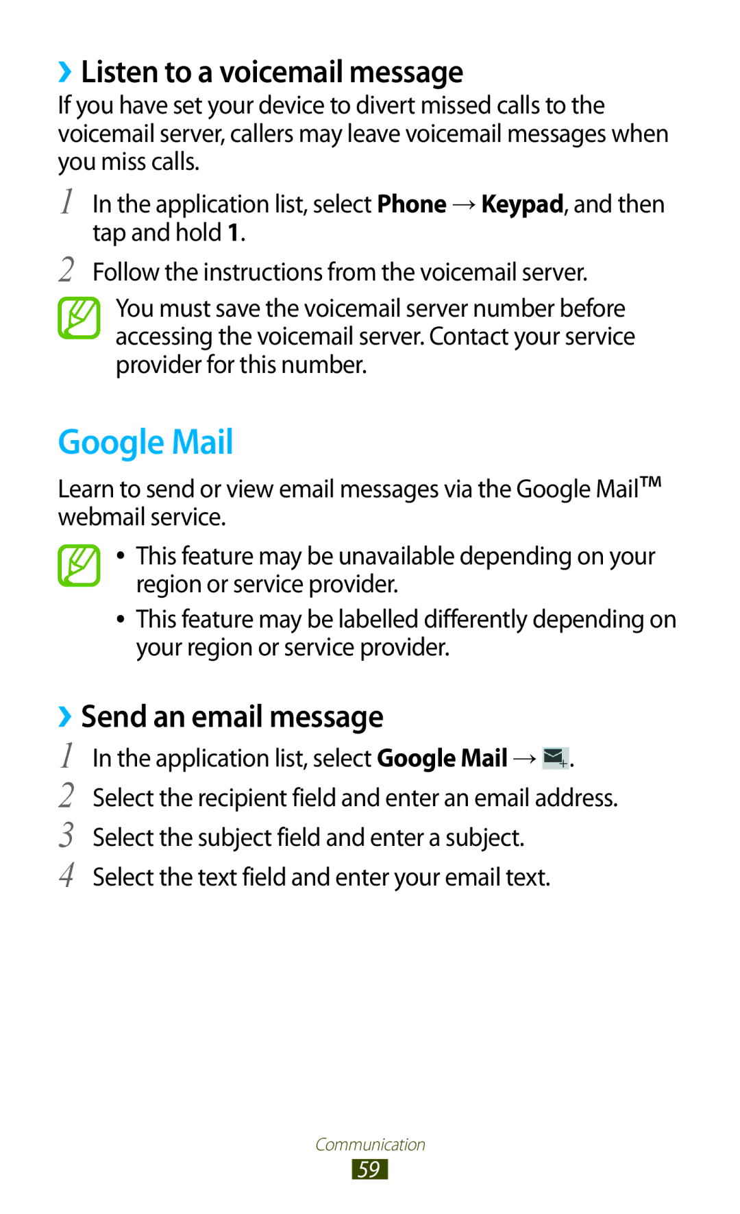 Samsung GT-B5330 user manual Google Mail, ››Listen to a voicemail message, ››Send an email message 