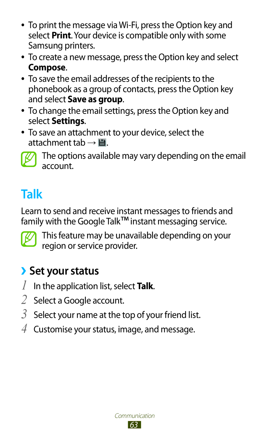 Samsung GT-B5330 user manual Talk, ››Set your status 