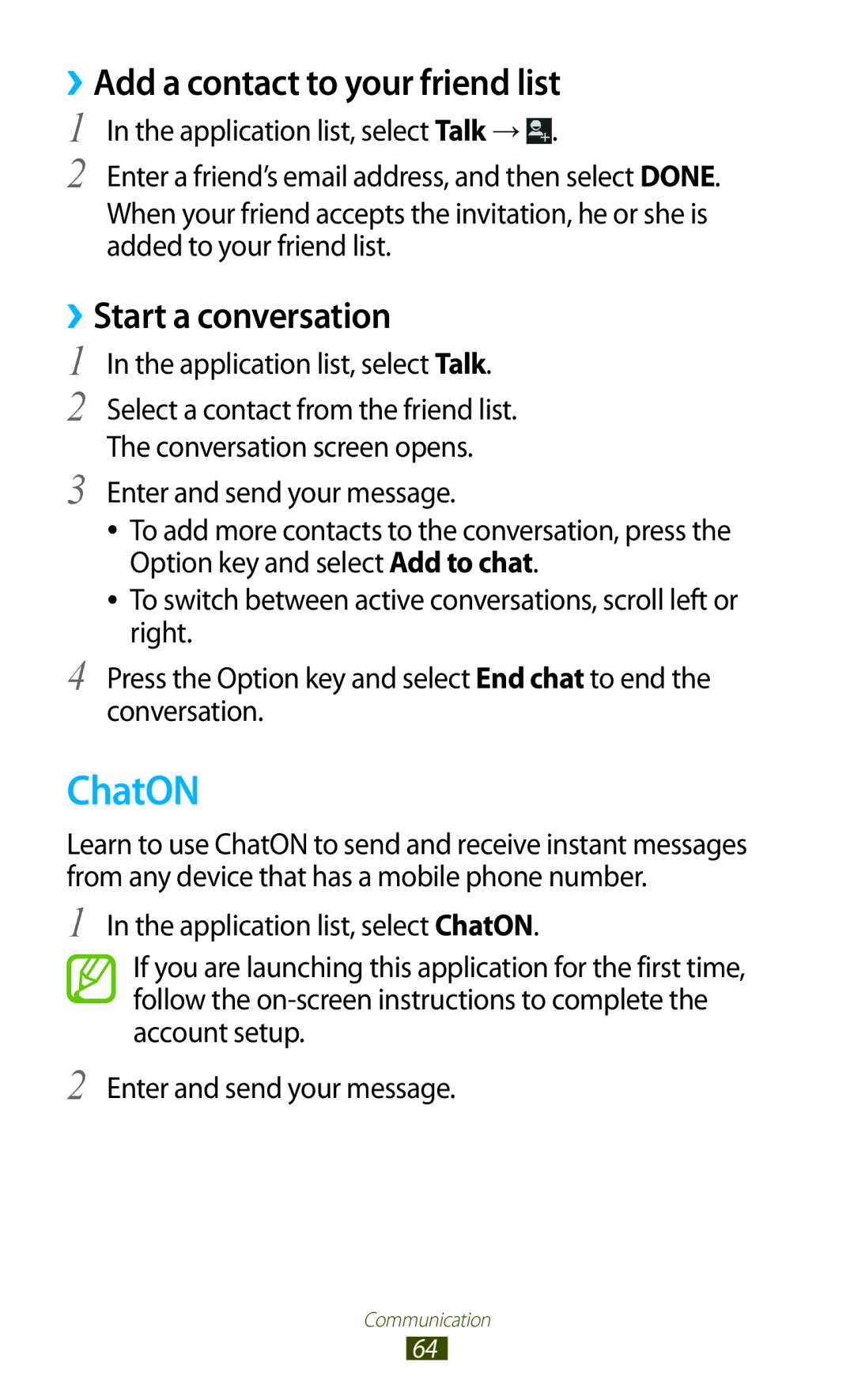 Samsung GT-B5330 ChatON, ››Add a contact to your friend list, ››Start a conversation, Application list, select Talk 