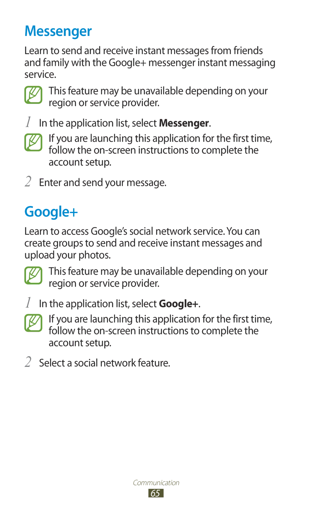 Samsung GT-B5330 user manual Messenger, Google+ 