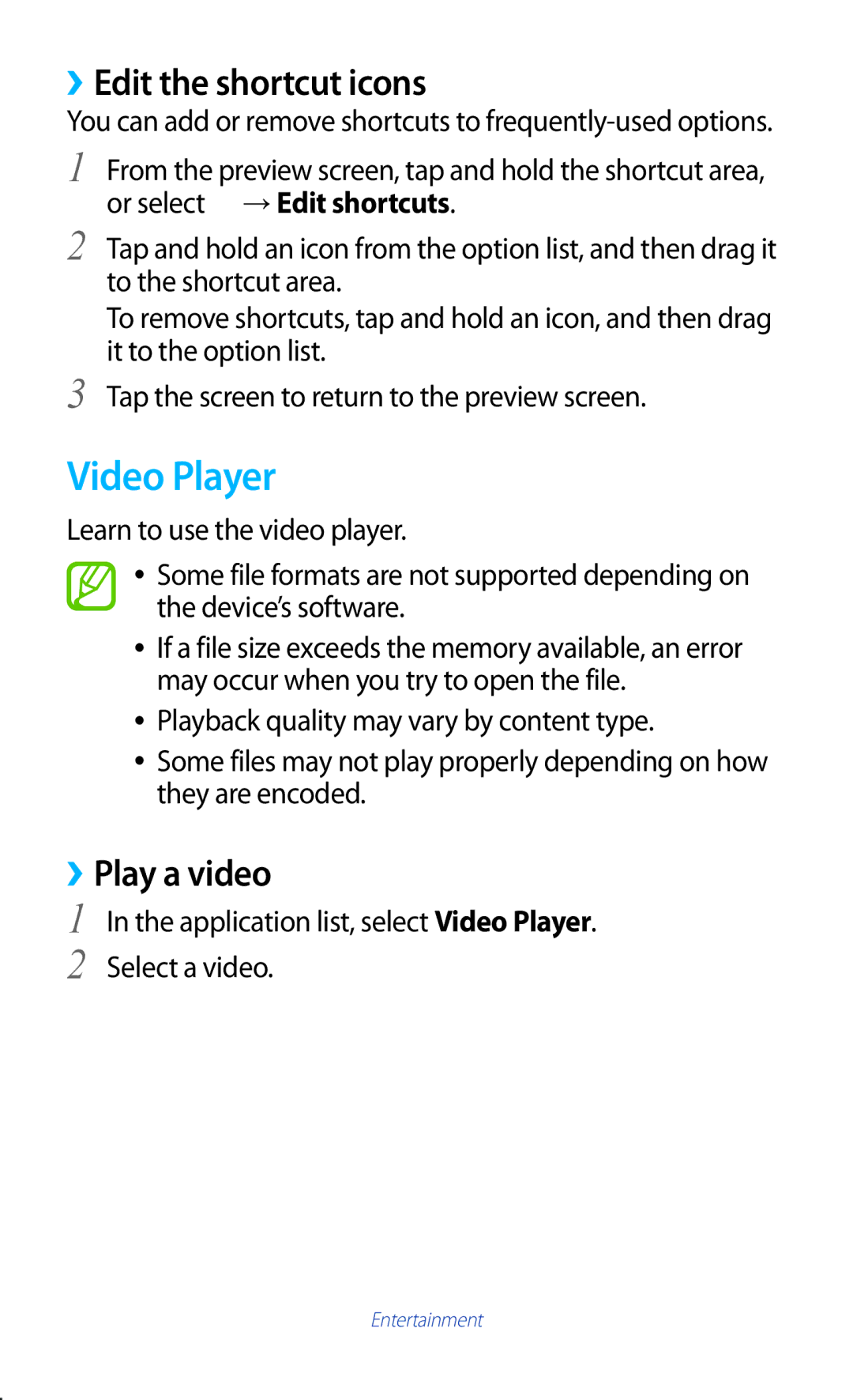 Samsung GT-B5330 user manual Video Player, ››Edit the shortcut icons, ››Play a video 