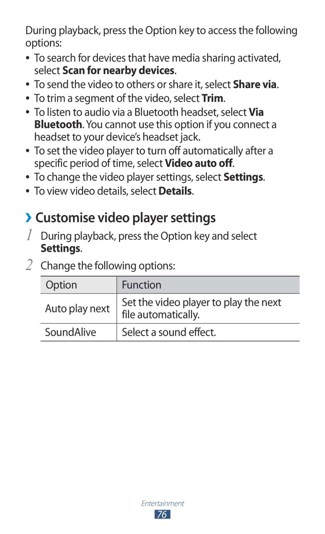 Samsung GT-B5330 user manual ››Customise video player settings 