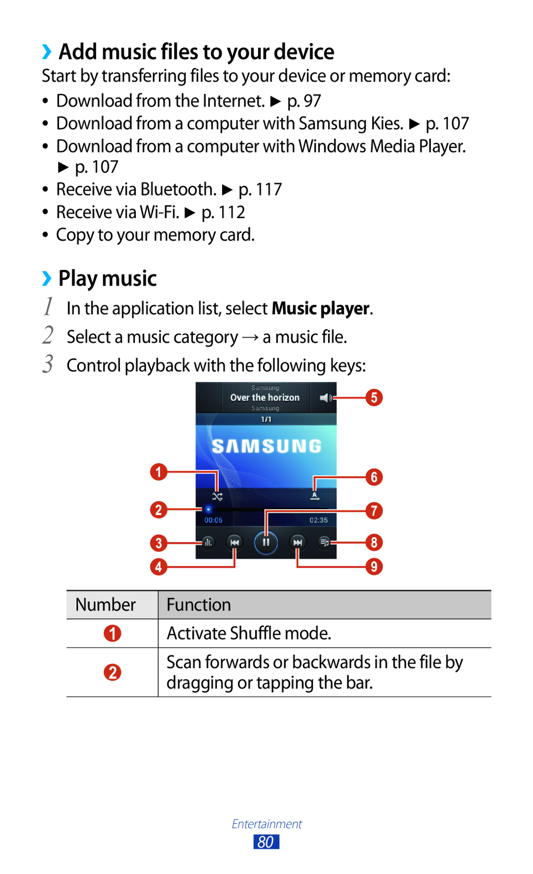 Samsung GT-B5330 user manual ››Add music files to your device, ››Play music, Copy to your memory card 