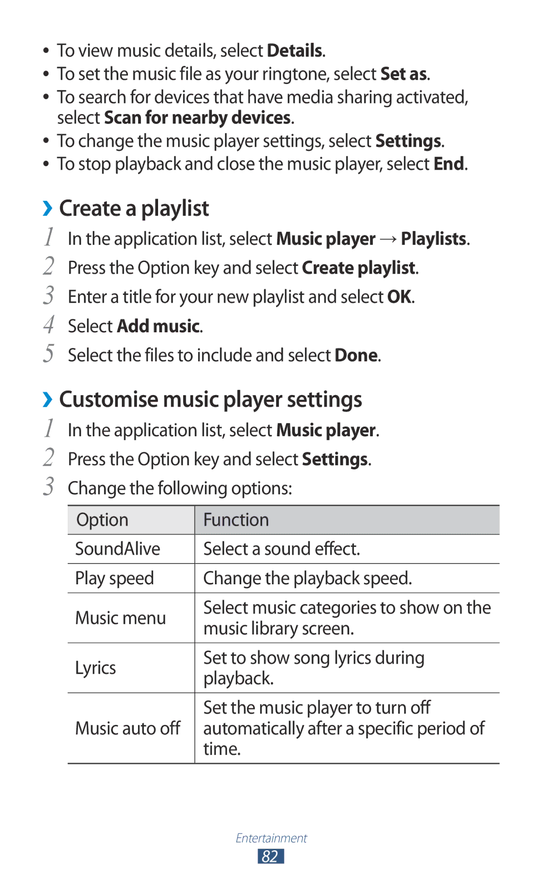 Samsung GT-B5330 user manual ››Create a playlist, ››Customise music player settings, Select Add music 