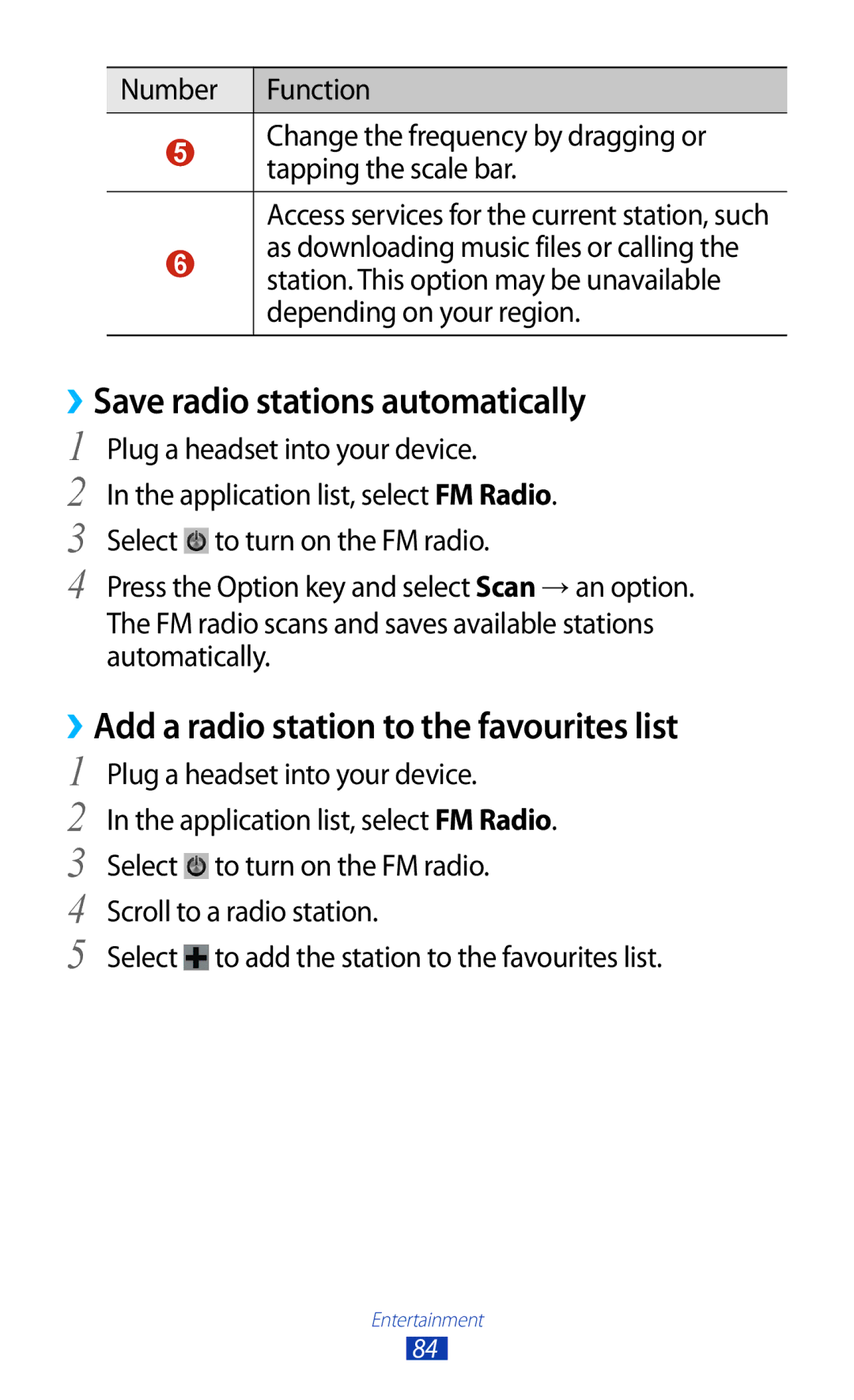 Samsung GT-B5330 user manual ››Save radio stations automatically, ››Add a radio station to the favourites list 