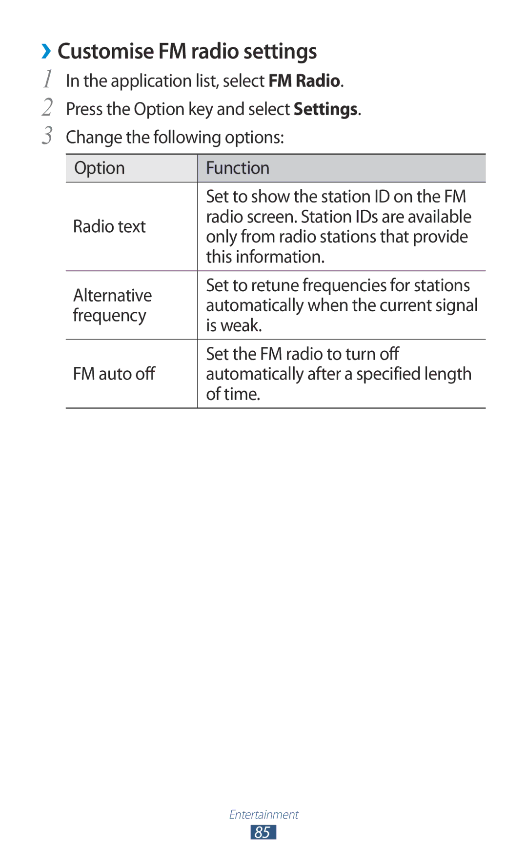 Samsung GT-B5330 user manual ››Customise FM radio settings 