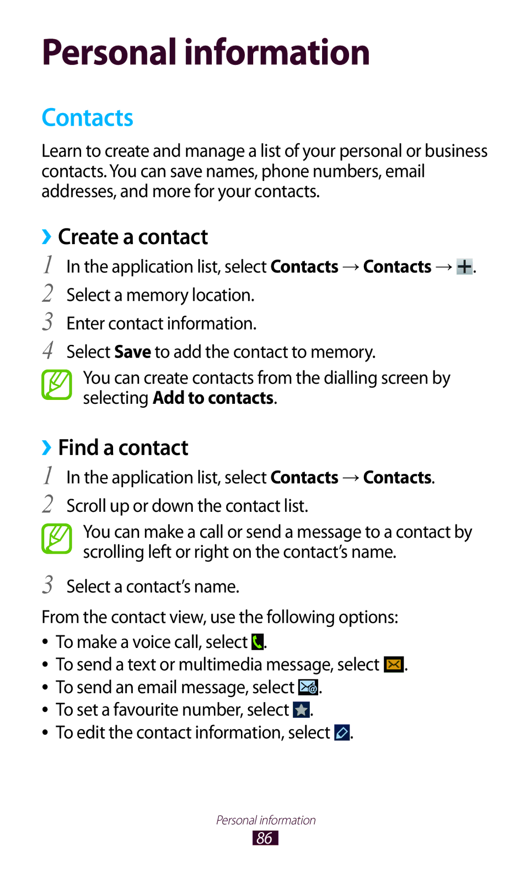 Samsung GT-B5330 user manual Contacts, ››Create a contact, ››Find a contact 