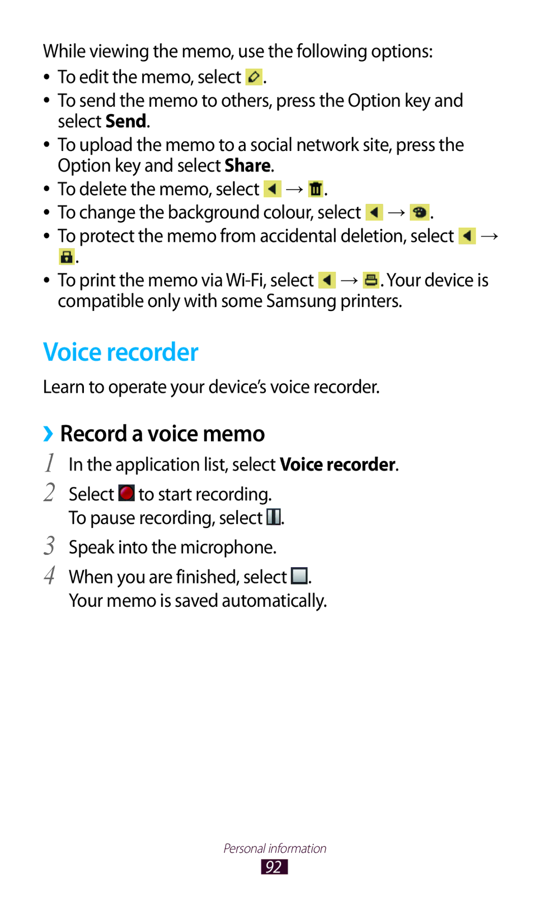 Samsung GT-B5330 user manual Voice recorder, Record a voice memo, Learn to operate your device’s voice recorder 