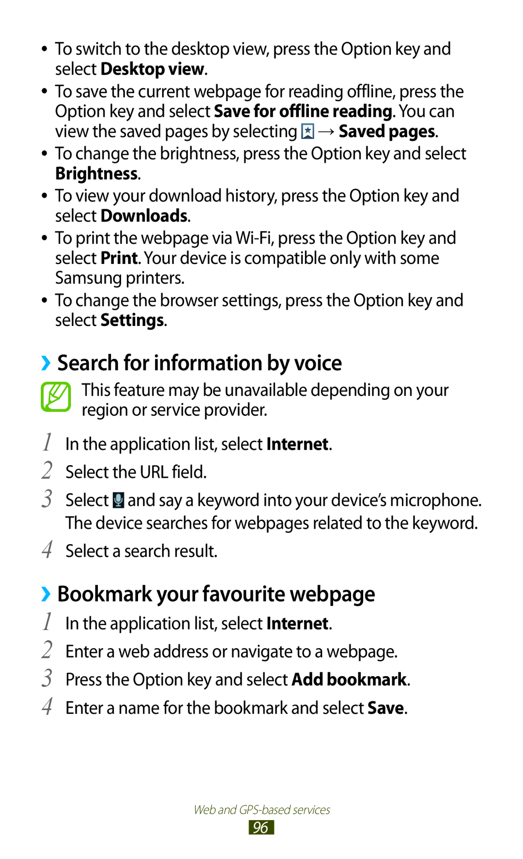 Samsung GT-B5330 user manual ››Search for information by voice, ››Bookmark your favourite webpage, Select a search result 