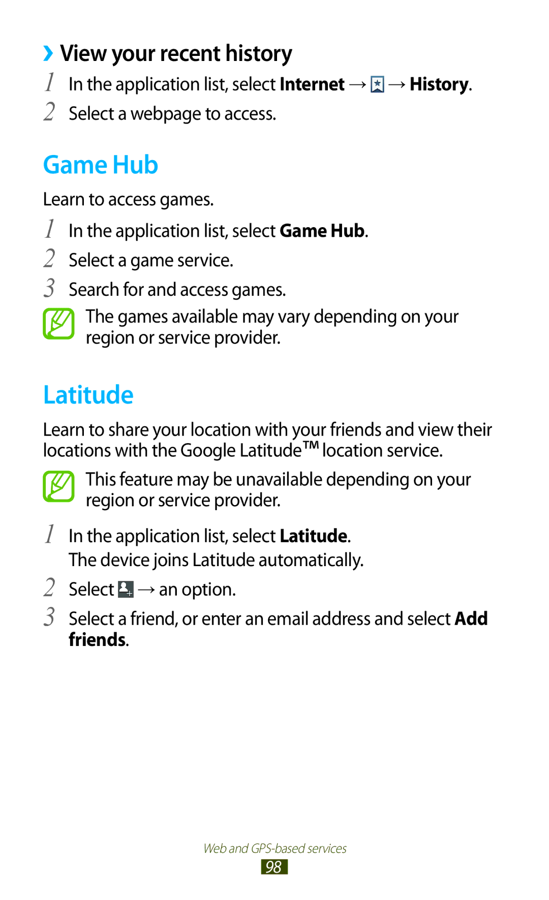 Samsung GT-B5330 user manual Game Hub, Latitude, ››View your recent history, Friends 