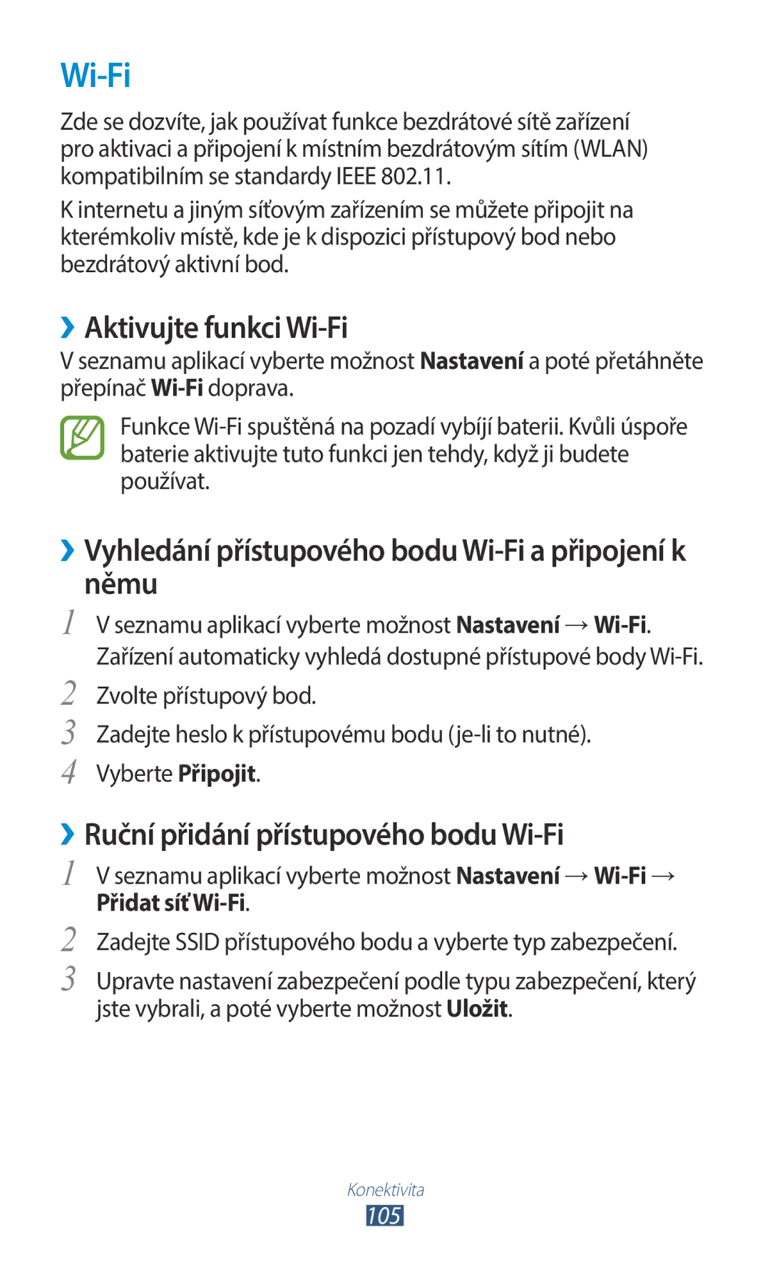 Samsung GT-B5330ZWAXEO manual Wi‑Fi, ››Aktivujte funkci Wi-Fi, ››Vyhledání přístupového bodu Wi-Fi a připojení k němu 