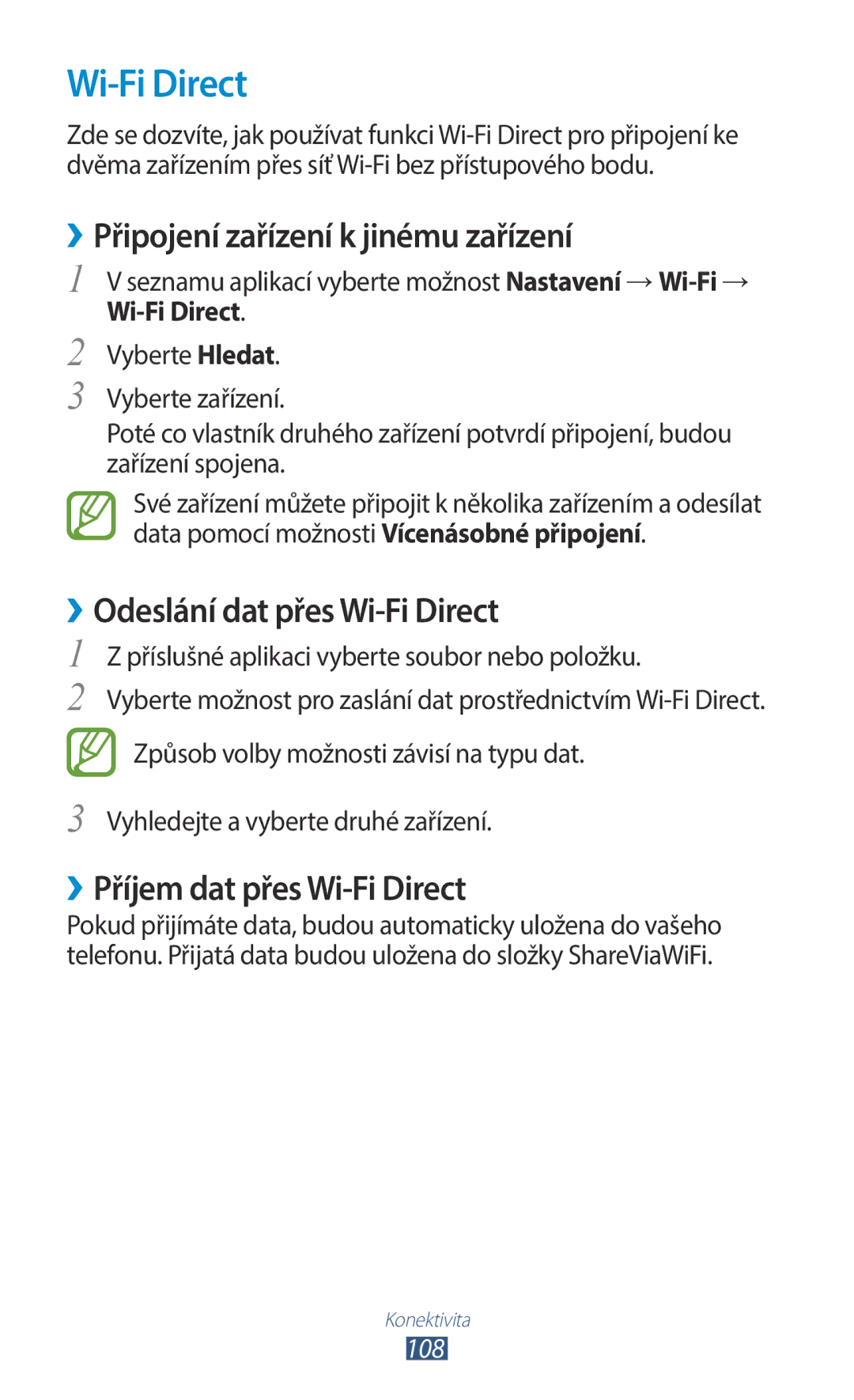 Samsung GT-B5330ZWAETL manual Wi‑Fi Direct, ››Připojení zařízení k jinému zařízení, ››Odeslání dat přes Wi-Fi Direct 