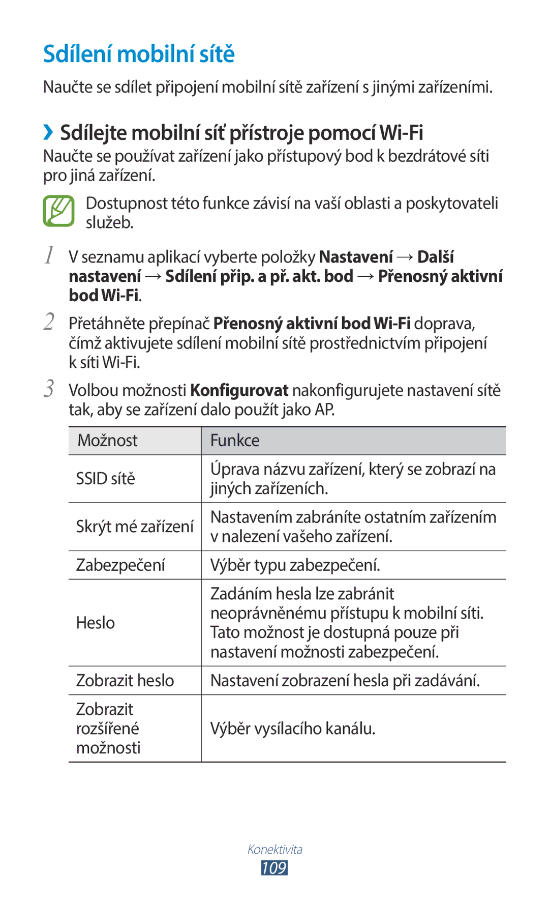 Samsung GT-B5330ZKAORX, GT-B5330ZIATMZ manual Sdílení mobilní sítě, ››Sdílejte mobilní síť přístroje pomocí Wi-Fi, 109 