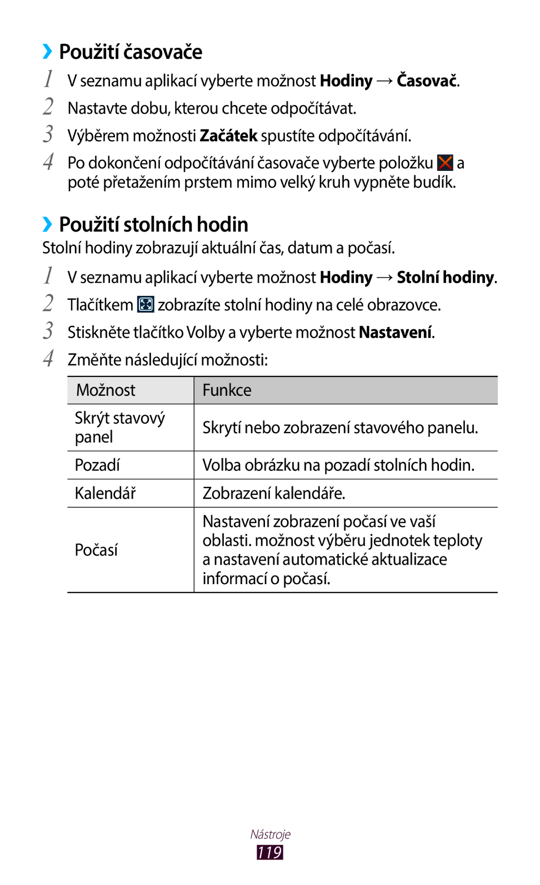 Samsung GT-B5330ZKATMS, GT-B5330ZIATMZ, GT-B5330ZWAXEO, GT-B5330ZWATMZ ››Použití časovače, ››Použití stolních hodin, 119 