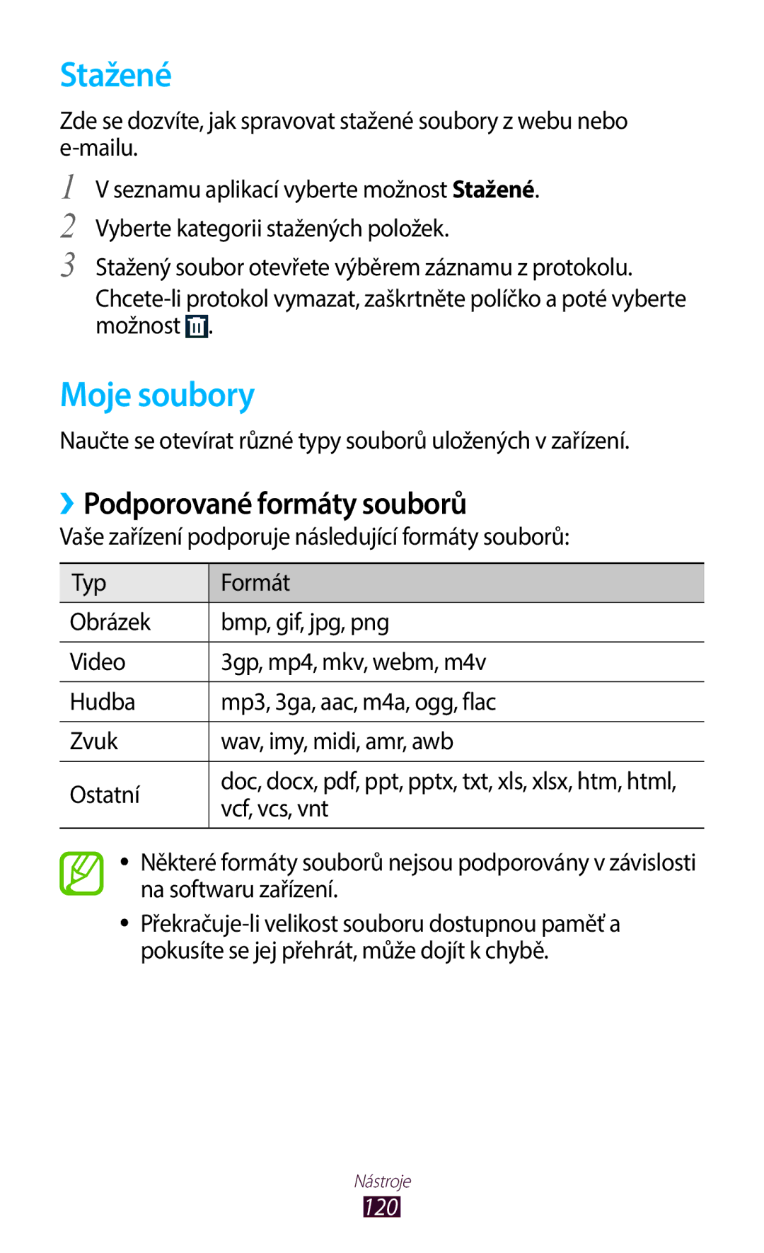 Samsung GT-B5330ZWATMZ, GT-B5330ZIATMZ, GT-B5330ZWAXEO manual Stažené, Moje soubory, ››Podporované formáty souborů, 120 