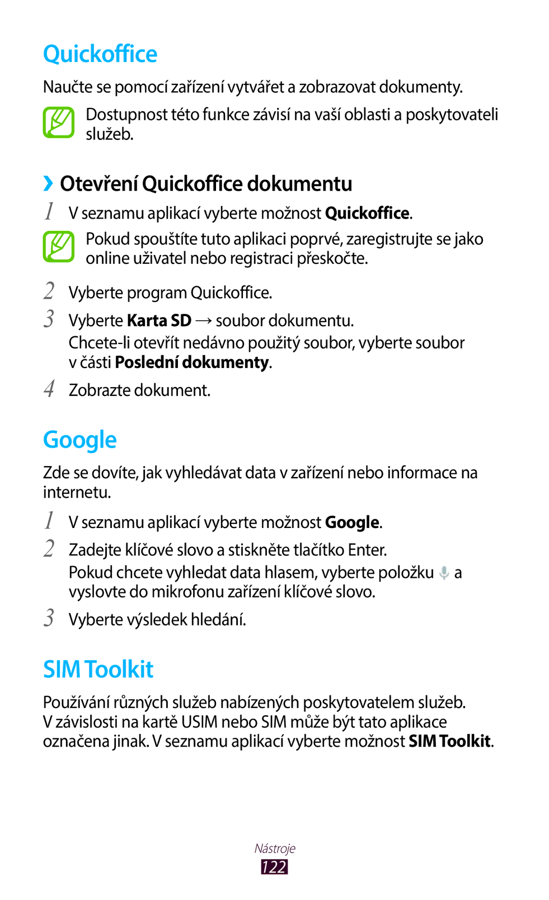 Samsung GT-B5330ZKAORX, GT-B5330ZIATMZ, GT-B5330ZWAXEO manual Google, SIM Toolkit, ››Otevření Quickoffice dokumentu, 122 