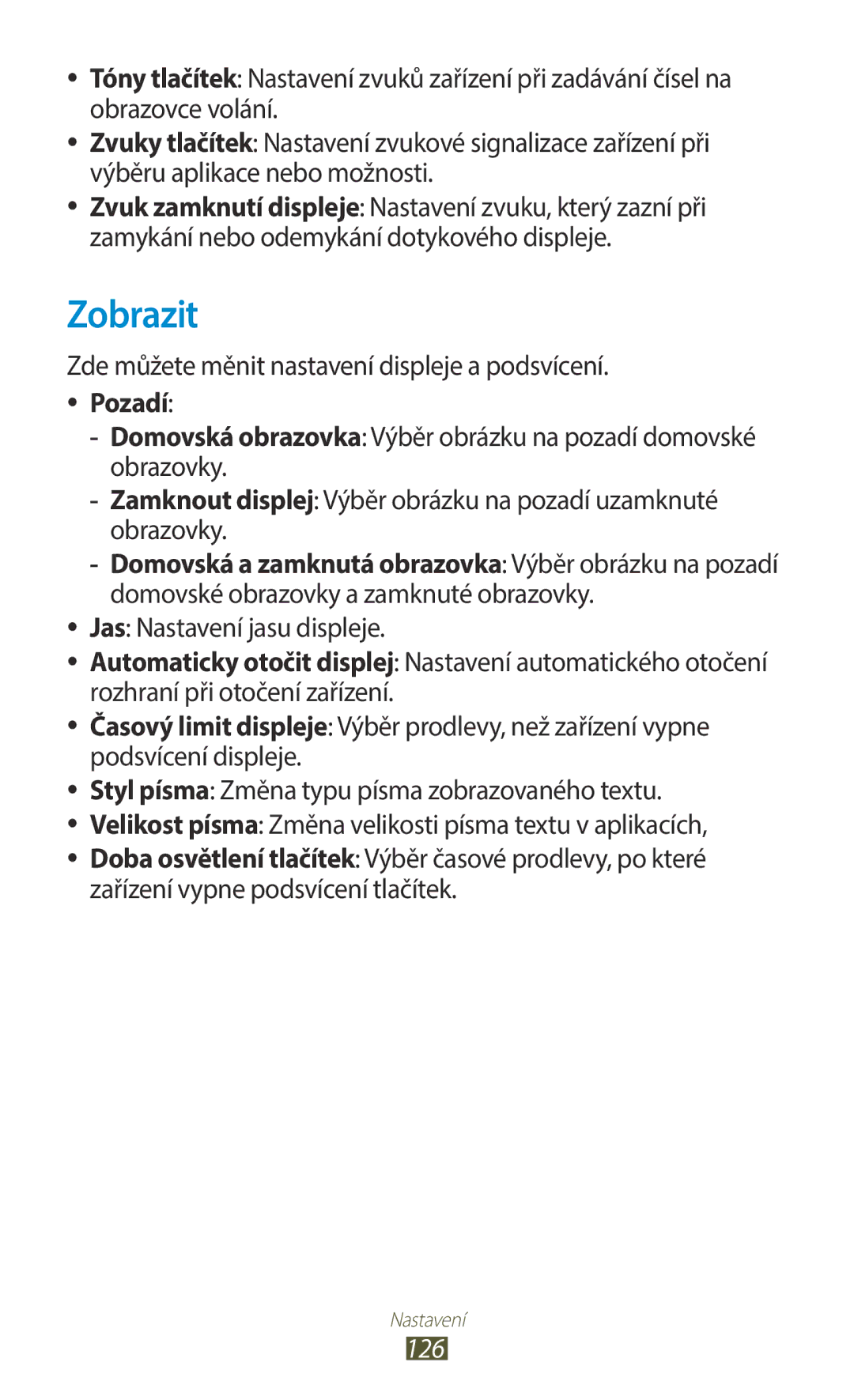 Samsung GT-B5330ZIAORX, GT-B5330ZIATMZ manual Zobrazit, Zde můžete měnit nastavení displeje a podsvícení, Pozadí, 126 