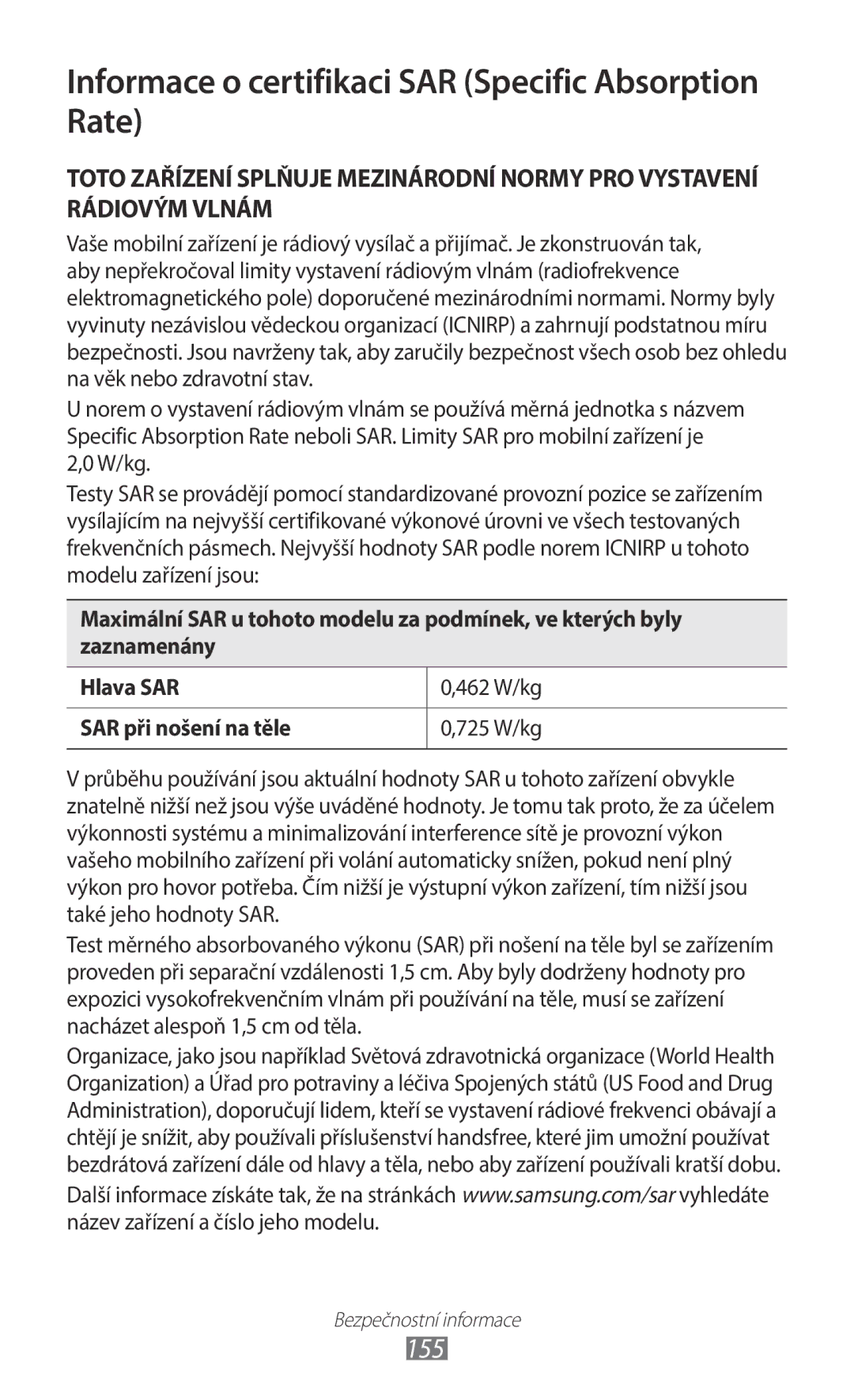 Samsung GT-B5330ZWAORX, GT-B5330ZIATMZ, GT-B5330ZWAXEO manual Informace o certifikaci SAR Specific Absorption Rate, 155 