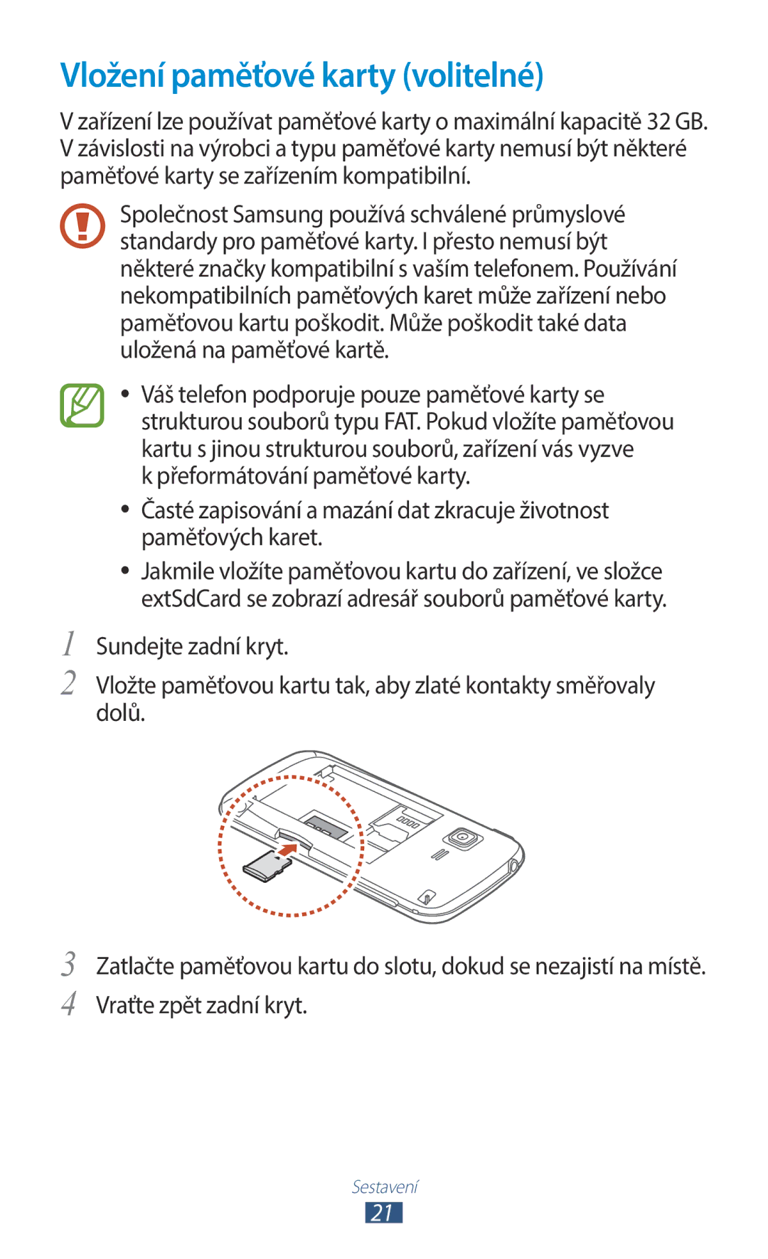 Samsung GT-B5330ZWAPLS, GT-B5330ZIATMZ, GT-B5330ZWAXEO, GT-B5330ZKATMS, GT-B5330ZWATMZ manual Vložení paměťové karty volitelné 