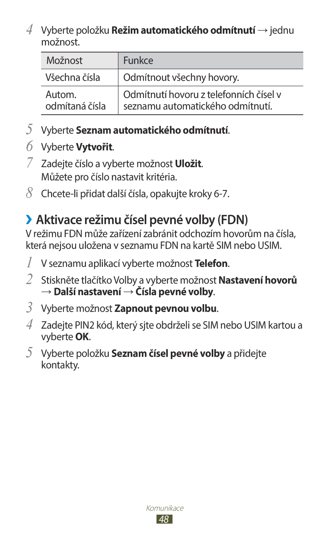 Samsung GT-B5330ZIAORX ››Aktivace režimu čísel pevné volby FDN, Vyberte položku Režim automatického odmítnutí → jednu 