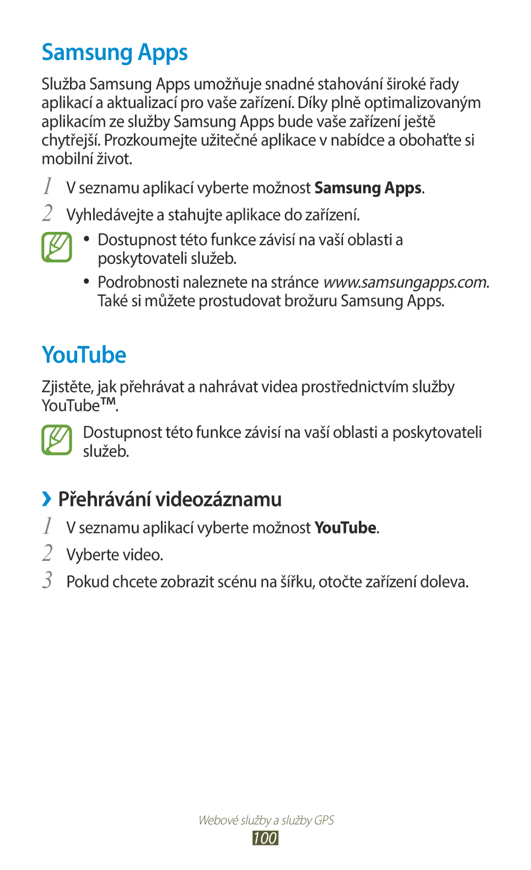 Samsung GT-B5330ZIAORX, GT-B5330ZIATMZ, GT-B5330ZWAXEO, GT-B5330ZKATMS, GT-B5330ZWATMZ manual Samsung Apps, YouTube, 100 