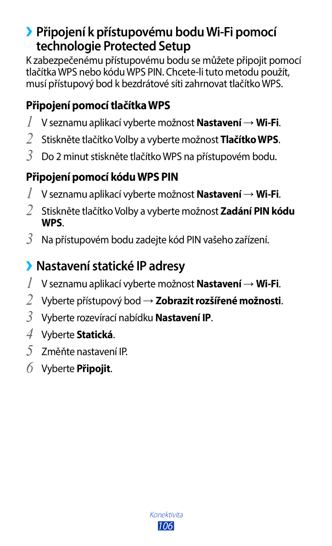 Samsung GT-B5330ZKATMS manual ››Nastavení statické IP adresy, Seznamu aplikací vyberte možnost Nastavení → Wi‑Fi, 106 