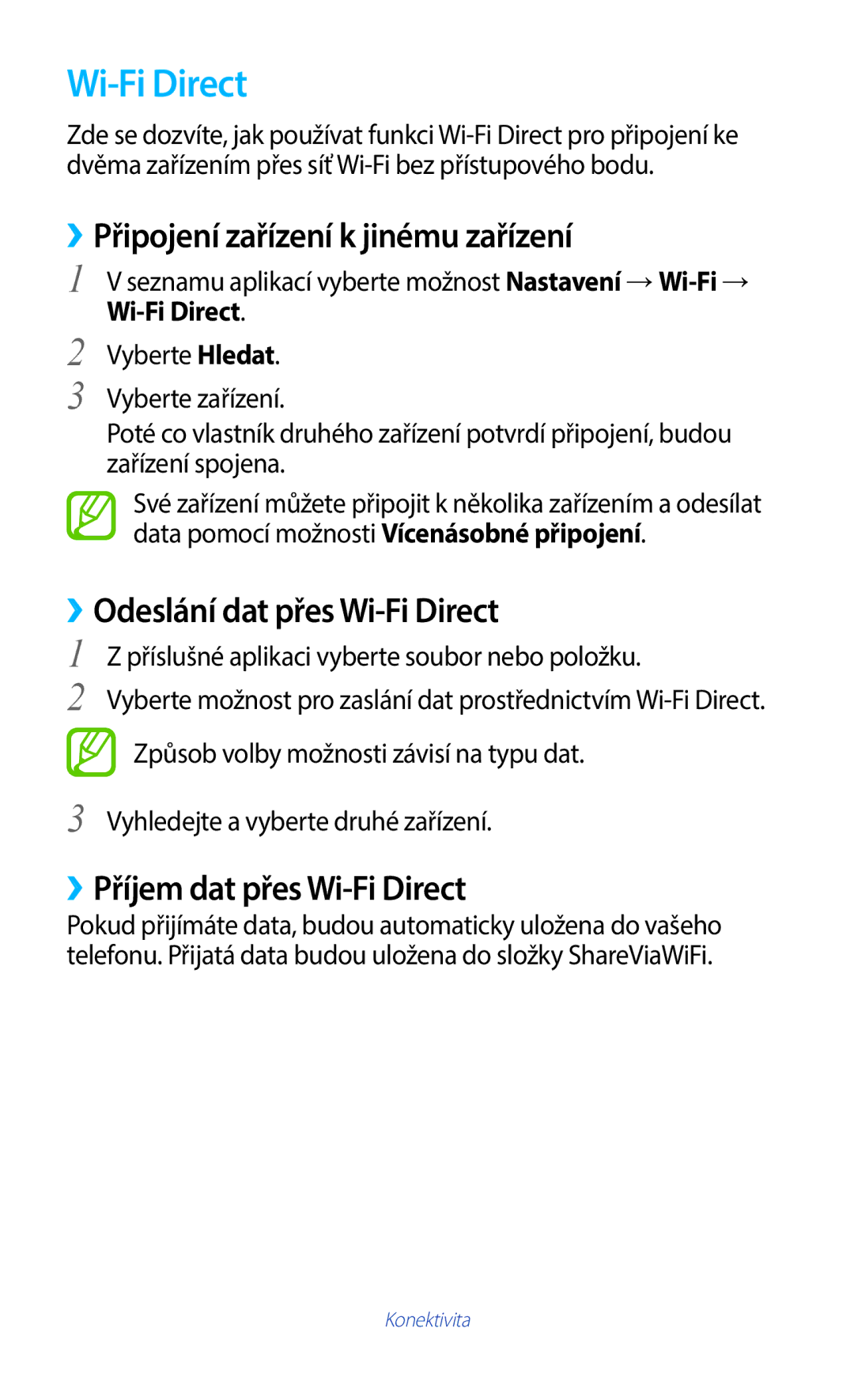 Samsung GT-B5330ZWAETL manual Wi‑Fi Direct, ››Připojení zařízení k jinému zařízení, ››Odeslání dat přes Wi-Fi Direct 