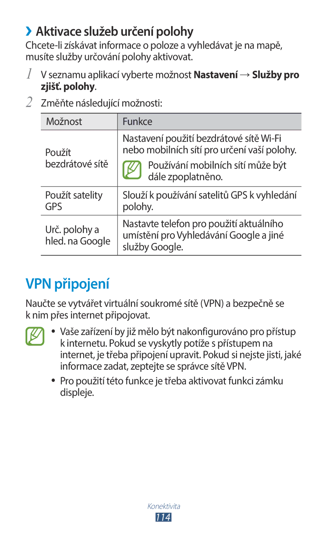 Samsung GT-B5330ZKATMZ, GT-B5330ZIATMZ, GT-B5330ZWAXEO VPN připojení, ››Aktivace služeb určení polohy, Zjišť. polohy, 114 