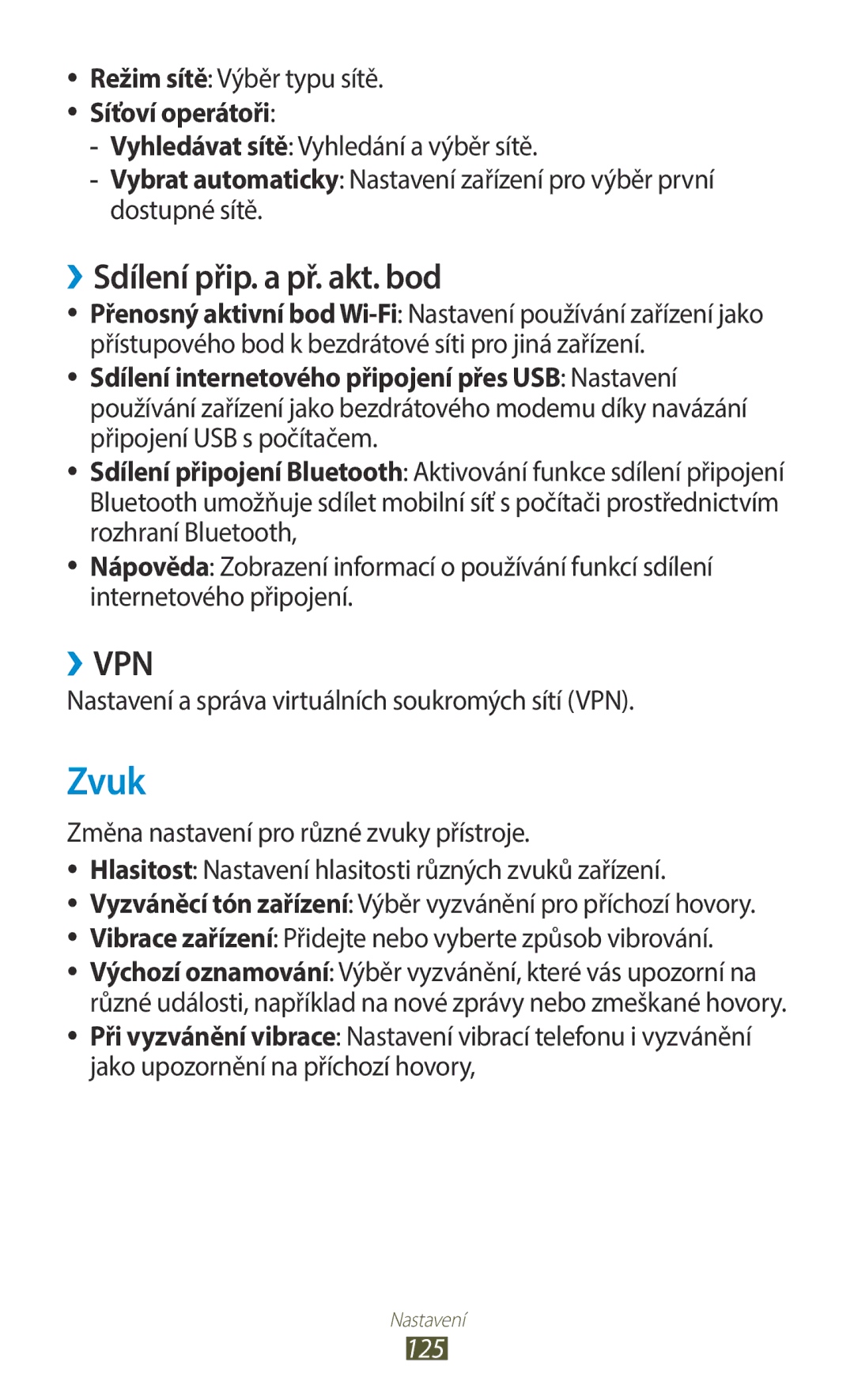 Samsung GT-B5330ZWAPLS, GT-B5330ZIATMZ, GT-B5330ZWAXEO manual Zvuk, ››Sdílení přip. a př. akt. bod, Síťoví operátoři, 125 