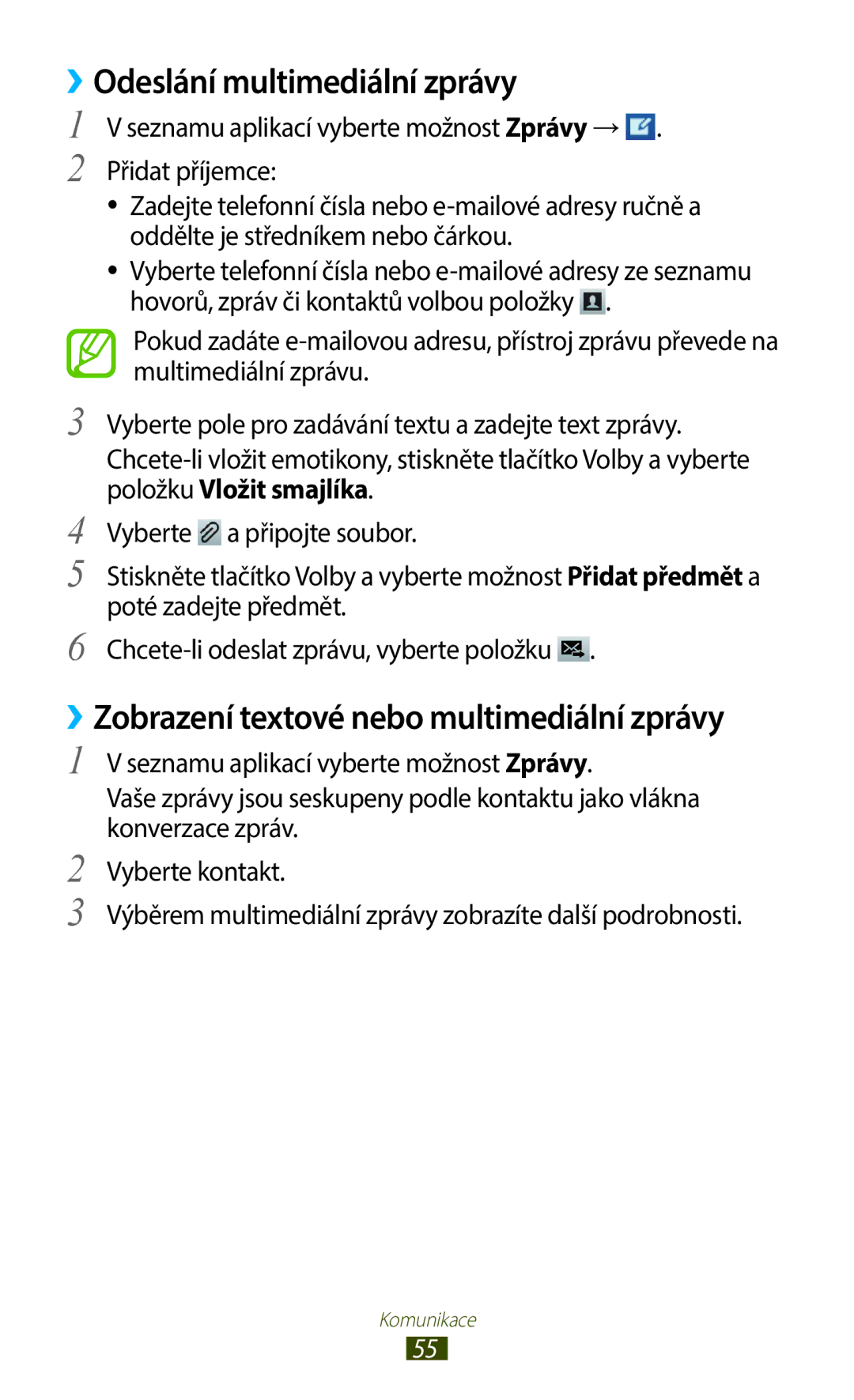 Samsung GT-B5330ZWATMZ, GT-B5330ZIATMZ manual ››Odeslání multimediální zprávy, ››Zobrazení textové nebo multimediální zprávy 