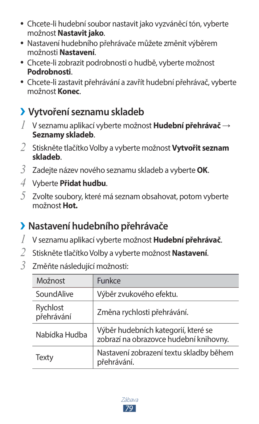 Samsung GT-B5330ZWAXEO manual Vytvoření seznamu skladeb, Nastavení hudebního přehrávače, Skladeb, Vyberte Přidat hudbu 