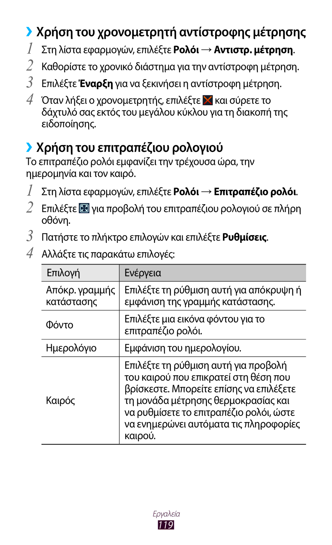 Samsung GT-B5330ZKAEUR manual ››Χρήση του επιτραπέζιου ρολογιού, Καιρός, Τη μονάδα μέτρησης θερμοκρασίας και, Καιρού 