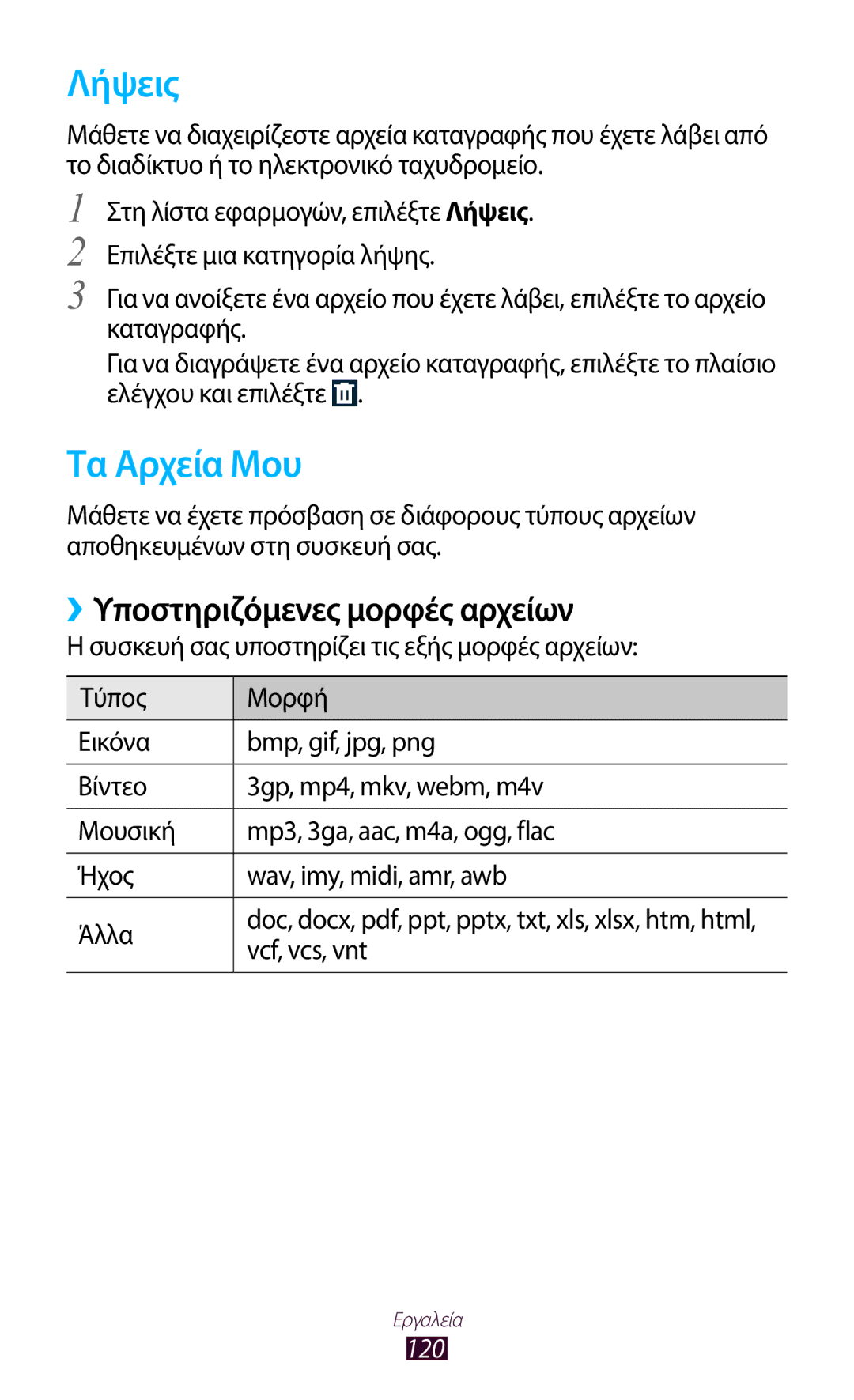 Samsung GT-B5330ZKAEUR manual Λήψεις, Τα Αρχεία Μου, ››Υποστηριζόμενες μορφές αρχείων 