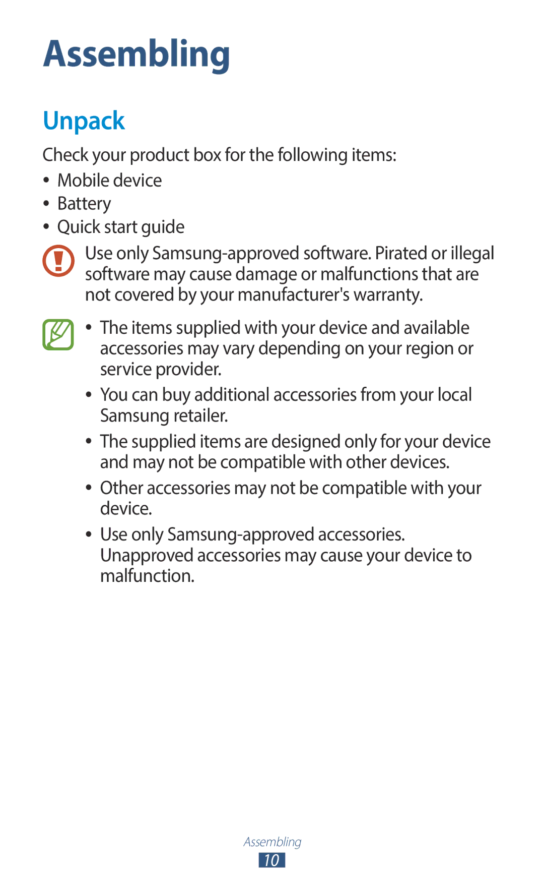 Samsung GT-B5330ZKAYOG, GT-B5330ZWAITV, GT-B5330ZKATIM, GT-B5330ZKAOMN, GT-B5330ZKAITV, GT-B5330ZIATIM manual Assembling, Unpack 