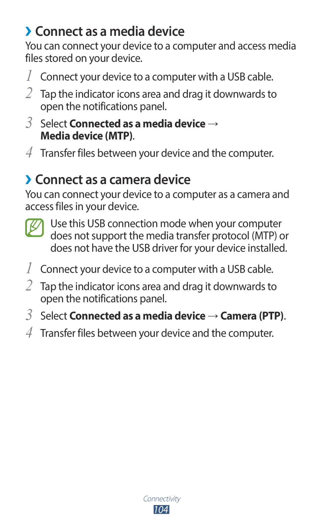 Samsung GT-B5330ZKAXEC, GT-B5330ZWAITV, GT-B5330ZKATIM manual ››Connect as a media device, ››Connect as a camera device 