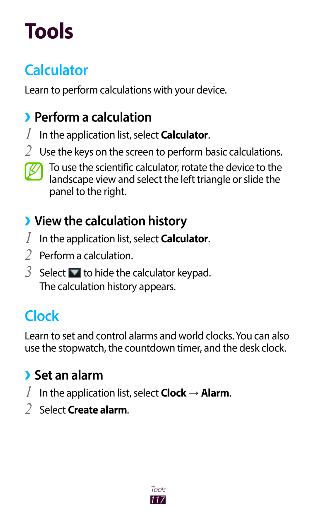 Samsung GT-B5330ZKAETL manual Calculator, Clock, ››Perform a calculation, ››View the calculation history, ››Set an alarm 