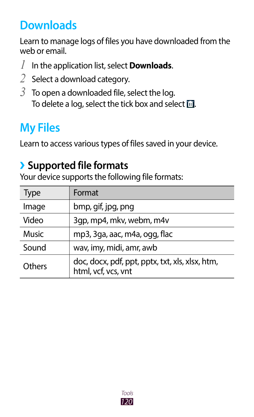 Samsung GT-B5330ZKATMZ, GT-B5330ZWAITV, GT-B5330ZKATIM, GT-B5330ZKAOMN manual Downloads, My Files, ››Supported file formats 